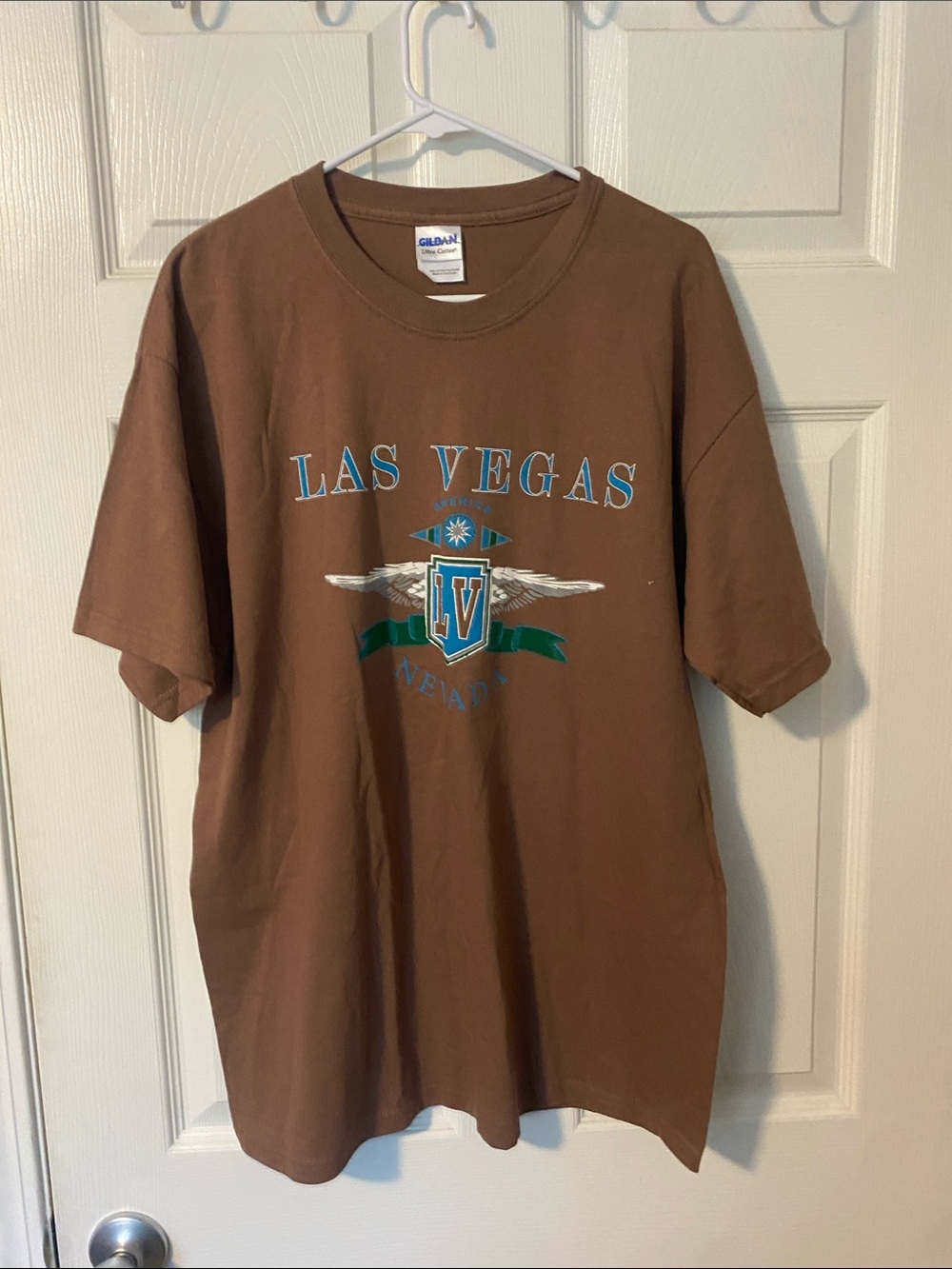 Gildan Brown Tee with Teal and Green Las Vegas Crest